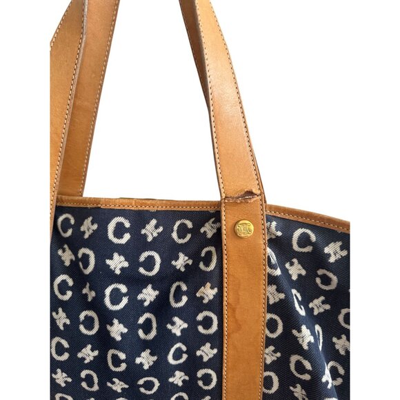CELINE Vintage Tan Blue Macadam Tote Shoulder Bag - Picture 2 of 16